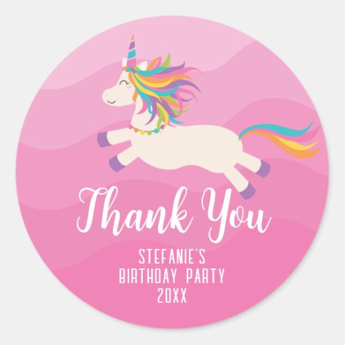 Pink Rainbow Unicorn Girl Birthday Party Thank You Classic Round Sticker