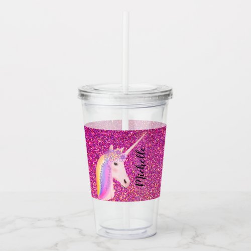 Pink Rainbow Unicorn Glitter Sparkles Girls Custom Acrylic Tumbler