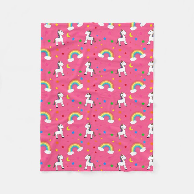 Pink rainbow unicorn hearts stars pattern fleece blanket (Front)