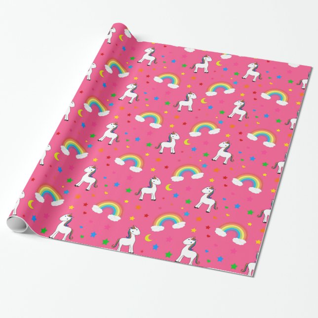 Pink rainbow unicorn hearts stars pattern wrapping paper (Unrolled)