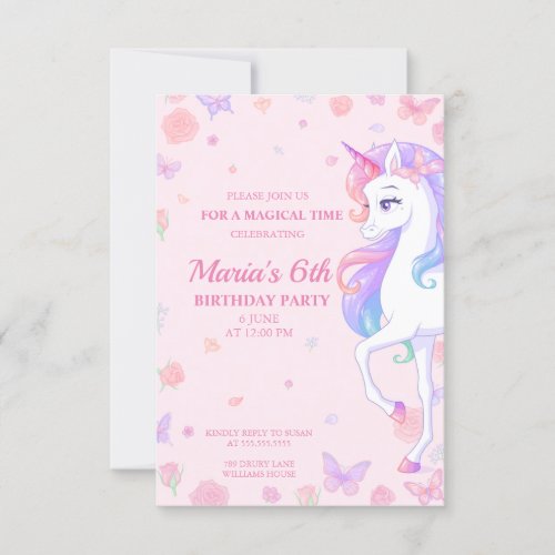 Pink Rainbow Unicorn Magical Birthday Invitation