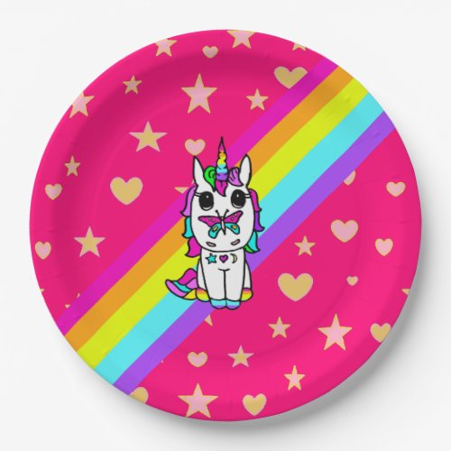 Pink Rainbow Unicorn with Butterfly on Nose Paper Plates