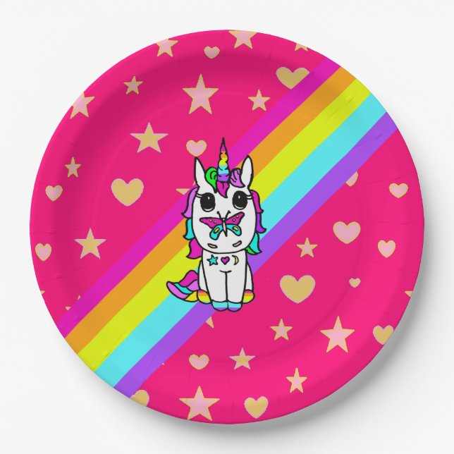 Pink Rainbow Unicorn with Butterfly on Nose Paper Plates (Front)