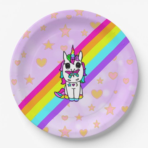 Pink Rainbow Unicorn with Butterfly on Nose Paper Plates