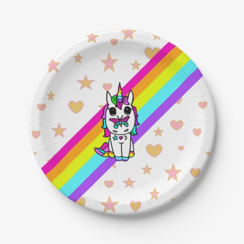 Pink Rainbow Unicorn with Butterfly on Nose Paper Plates