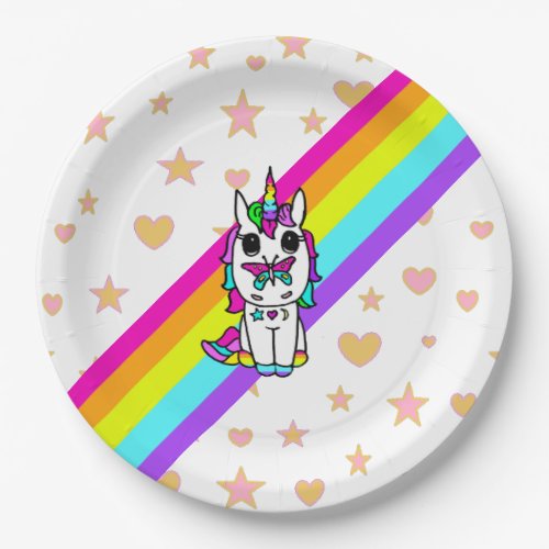 Pink Rainbow Unicorn with Butterfly on Nose Paper Plates