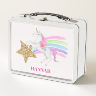 Pink Rainbow Unicorn With Gold Glitter Star Girls Metal Lunch Box