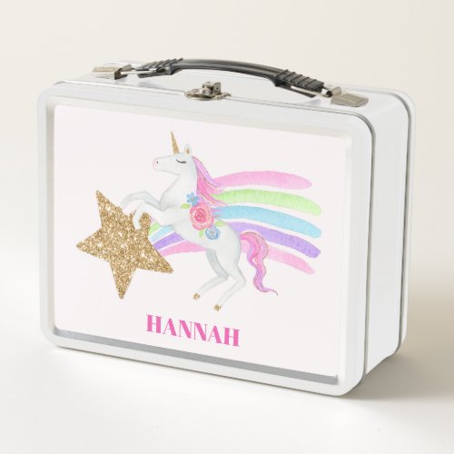 Pink Rainbow Unicorn With Gold Glitter Star Girls Metal Lunch Box