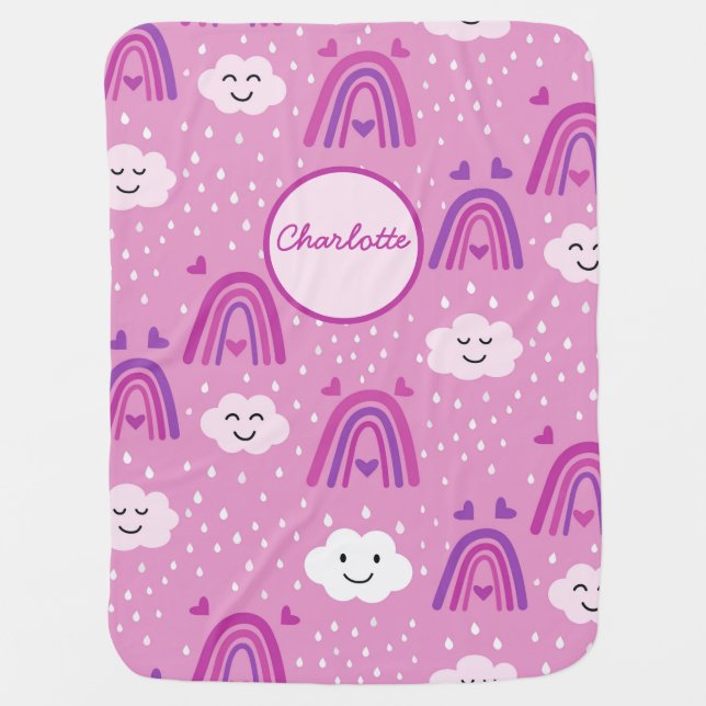 Pink Rainbows with Cartoon Clouds Custom  Baby Blanket (Front)