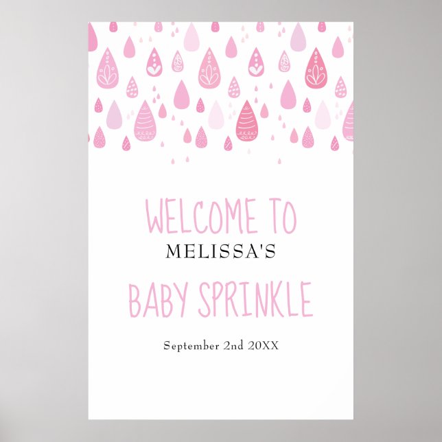 Pink Raindrops Baby Girl Sprinkle / Shower Welcome Poster (Front)