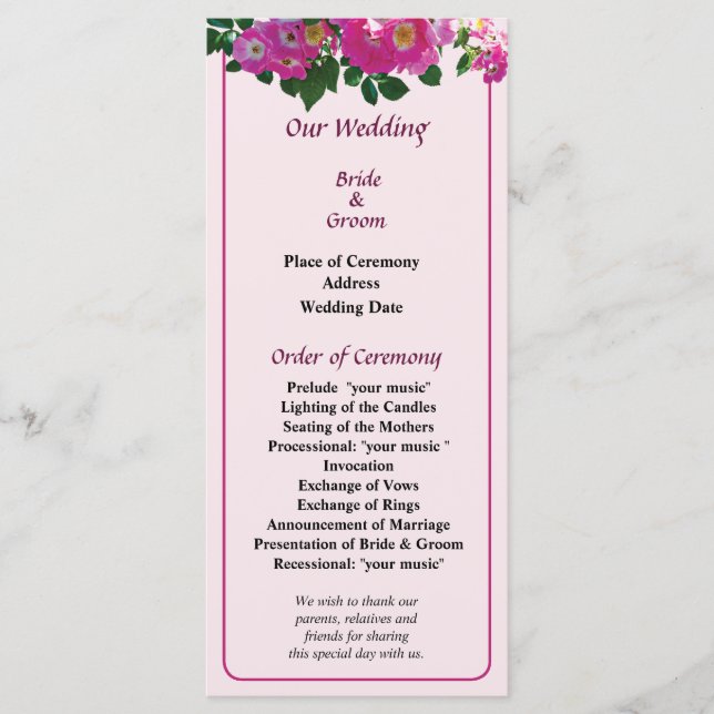 Pink Rambler Rose Wedding Program (Front)