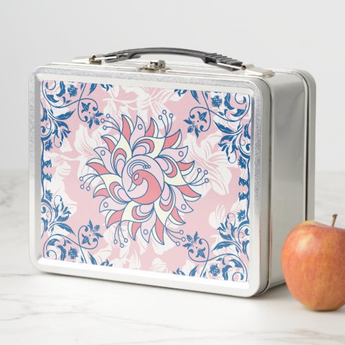 Pink Rangoli Floral Art Bright Life Metal Lunch Box