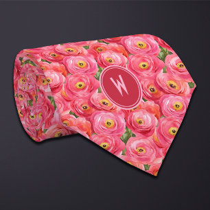 Pink Ranunculus Floral  Neck Tie