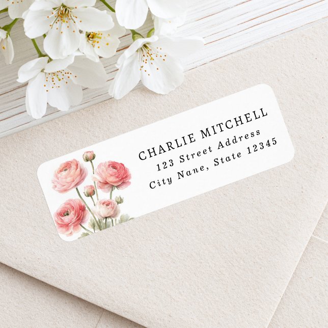 Pink ranunculus flower painting return address label (Pink ranunculus flower painting return address label)
