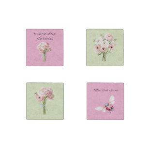 Pink Ranunculus Flowers Ladybug Stone Magnet