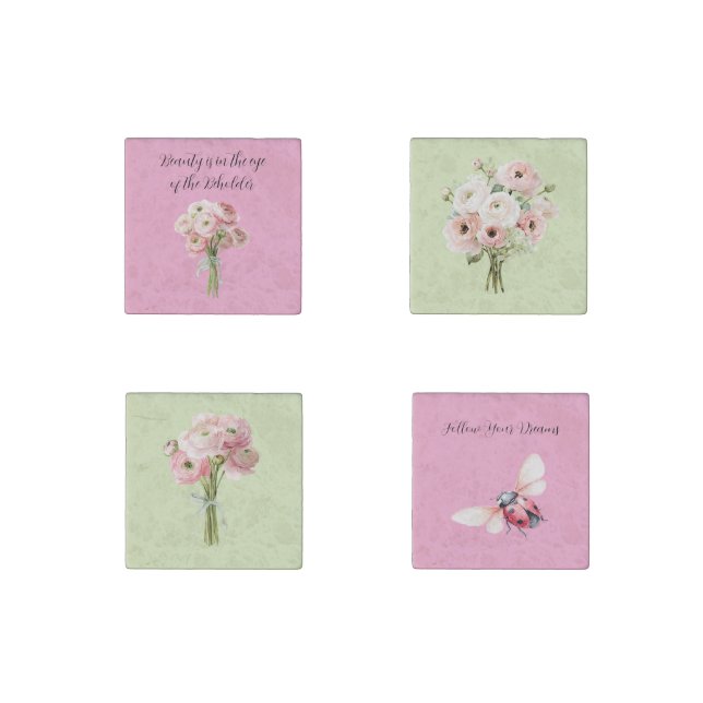 Pink Ranunculus Flowers Ladybug Stone Magnet (Front)
