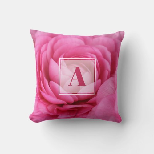 Pink Ranunculus Monogram Throw Pillow