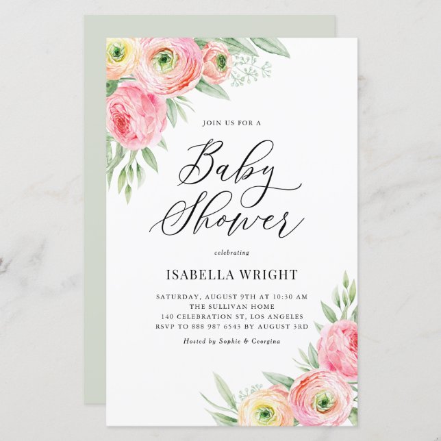 Pink Ranunculus Spring Baby Shower Invitation (Front/Back)