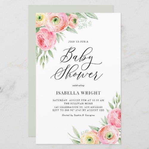 Pink Ranunculus Spring Baby Shower Invitation