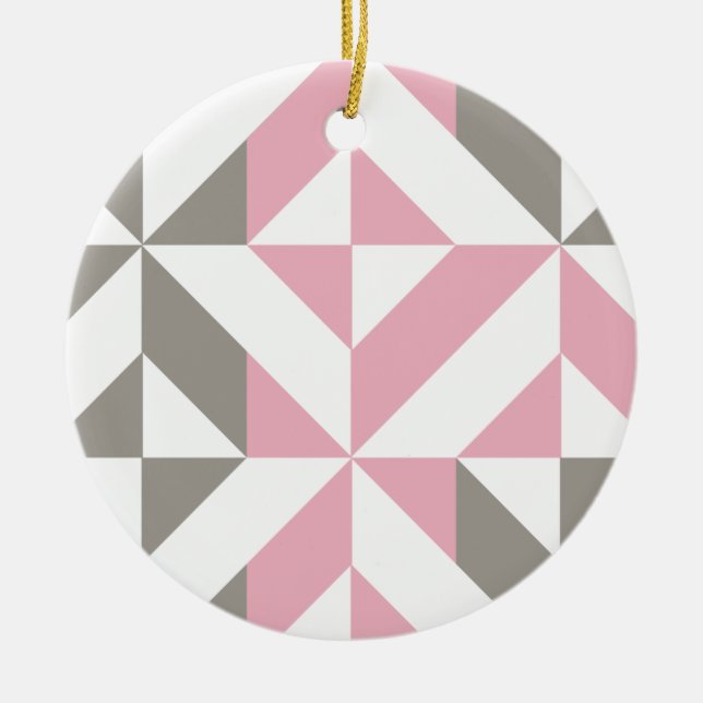 Pink Raspberry and Silver Geometric ZigZag Ceramic Ornament (Front)