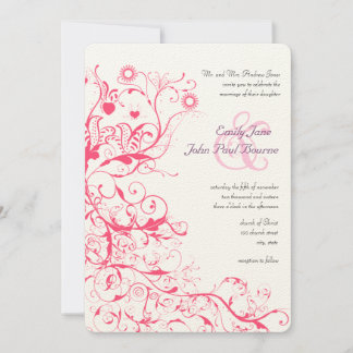 Pink Raspberry Birds Swirls Wedding Invites