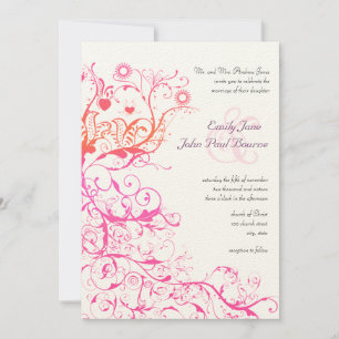 Pink Raspberry Coral Birds Swirls Wedding Invites
