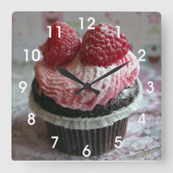 Pink Raspberry Cupcake Square Wall Clock by CindyBeePhotography at Zazzle
