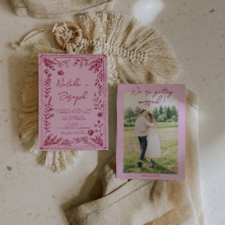 Pink Raspberry Drawn Floral Garden Photo Wedding Invitation