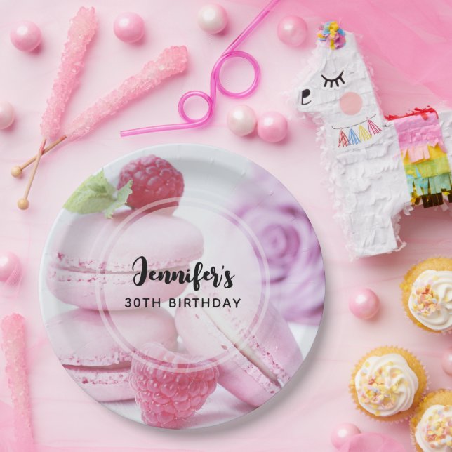 Pink Raspberry Macarons French Pastry Birthday Paper Plates (Party)