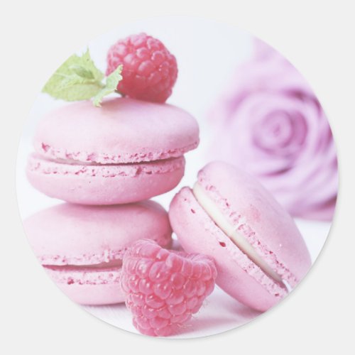 Pink Raspberry Macarons French Pastry Photo Classic Round Sticker