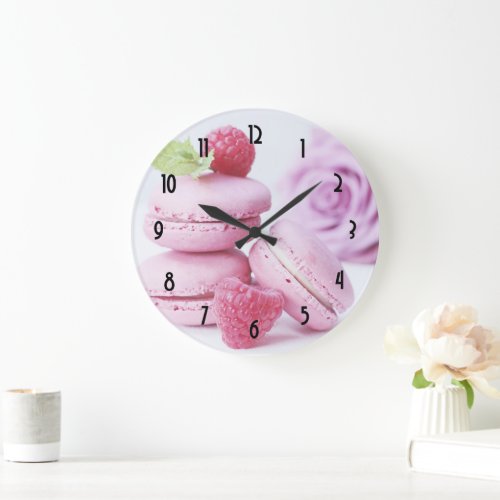 Pink Raspberry Macarons French Pastry Photo Large Clock