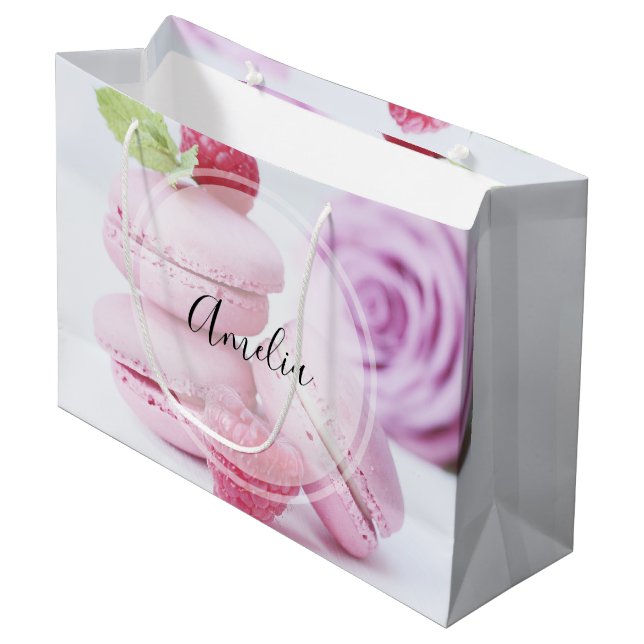 Pink Raspberry Macarons French Pastry Photo Large Gift Bag (Front Angled)