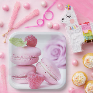 Pink Raspberry Macarons French Pastry Photo Paper Plates