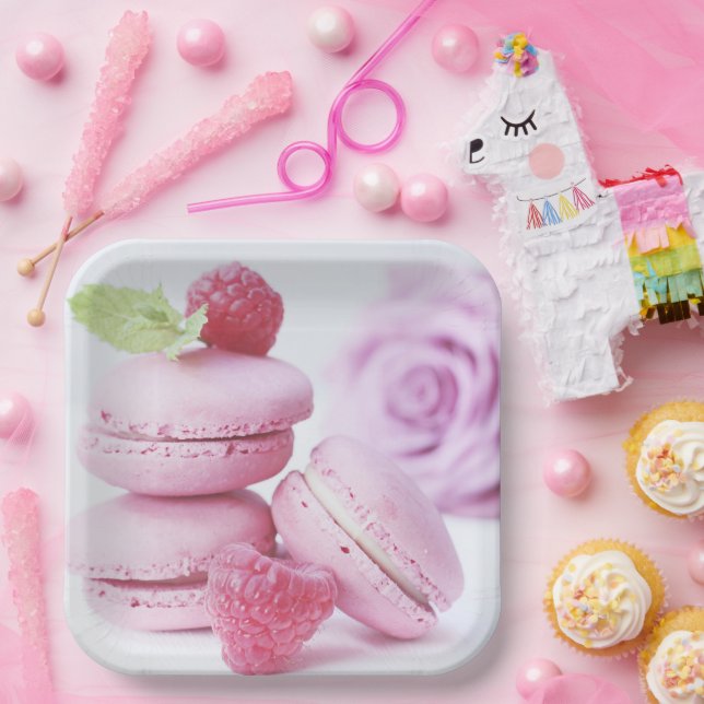Pink Raspberry Macarons French Pastry Photo Paper Plates (Party)