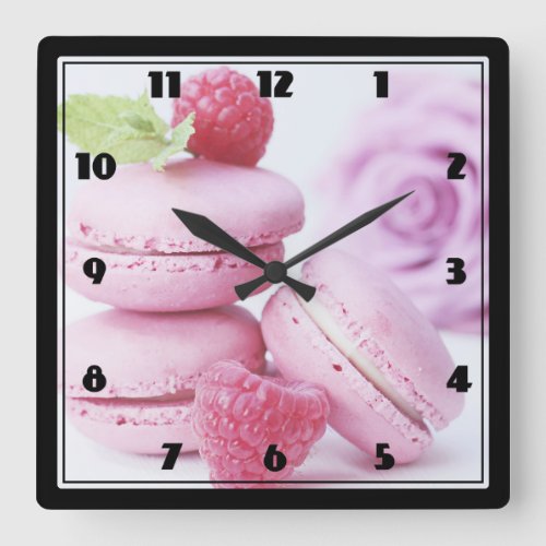 Pink Raspberry Macarons French Pastry Photo Square Wall Clock