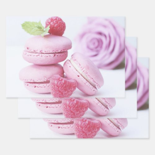 Pink Raspberry Macarons French Pastry Photo Wrapping Paper Sheets