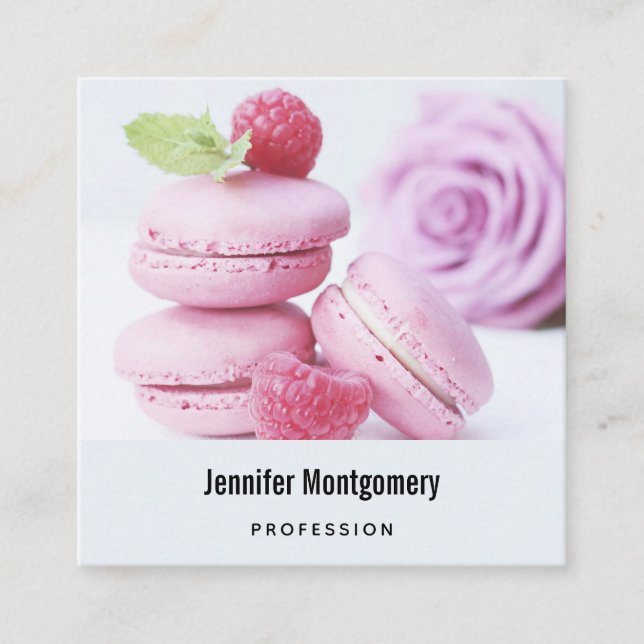 Pink Raspberry Macarons French Pastry Square Business Card (Front)
