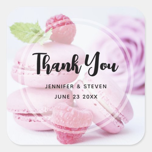 Pink Raspberry Macarons French Pastry Thank You Square Sticker