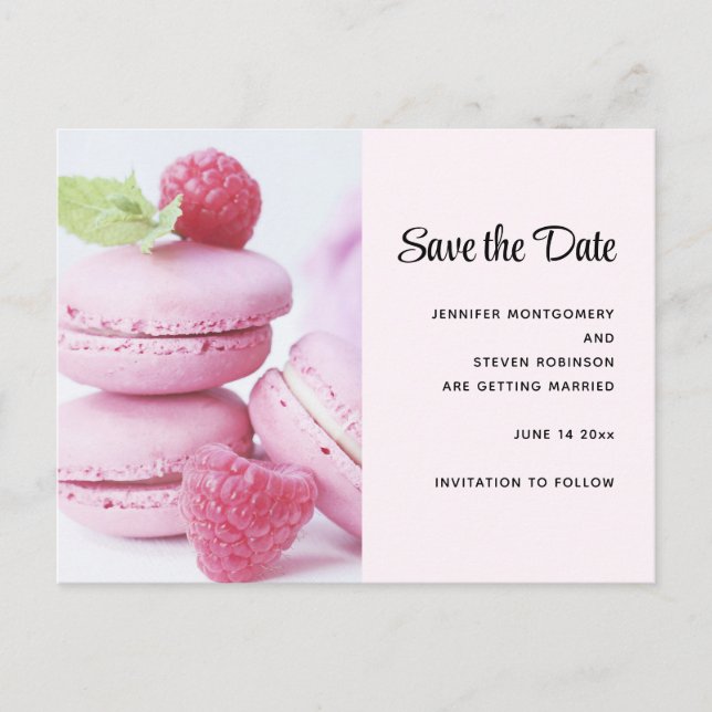 Pink Raspberry Macarons Save the Date Invitation Postcard (Front)
