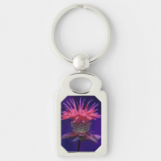 Pink Raspberry Wine Bee Balm Flower on Purple Keychain (Front)