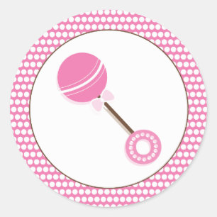 Pink Rattle Baby Shower Favor Sticker