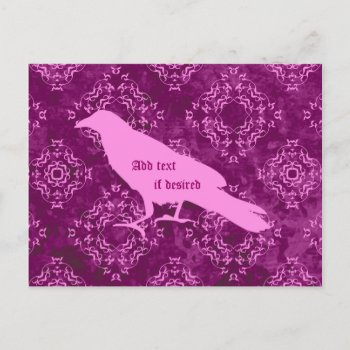 Pink Raven On Pink And Purple Geometric Damask Postcard by TheHopefulRomantic at Zazzle