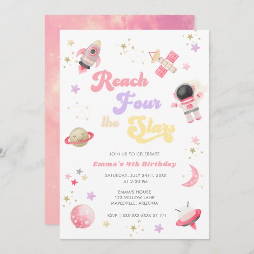 Pink Reach Four the Stars 4th Birthday Invitation