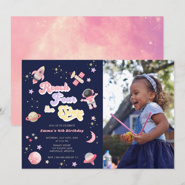 Pink Reach Four the Stars 4th Birthday Invitation (Front/Back)