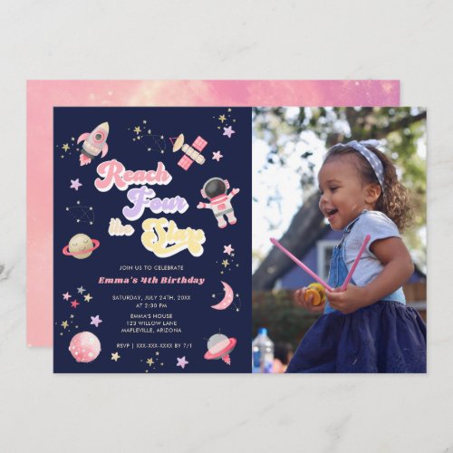 Pink Reach Four the Stars 4th Birthday Invitation