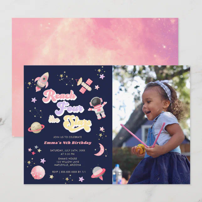 Pink Reach Four the Stars 4th Birthday Invitation | Zazzle
