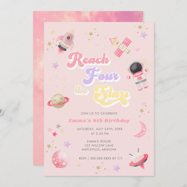 Pink Reach Four the Stars 4th Birthday Invitation (Front/Back)