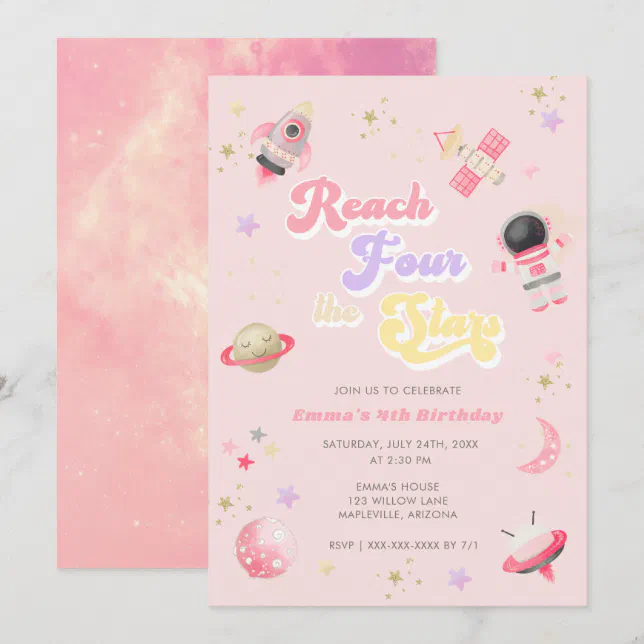 Pink Reach Four the Stars 4th Birthday Invitation | Zazzle