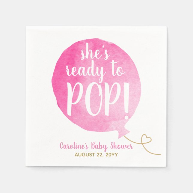 Pink Ready to Pop Balloon Baby Girl Shower Napkins (Front)
