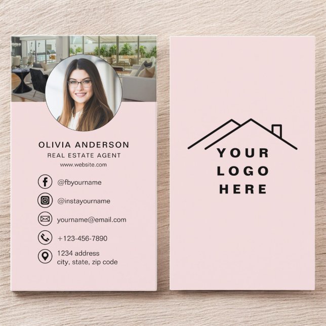Pink Real Estate Agent Photo Logo Social Media Business Card (Creator Uploaded)